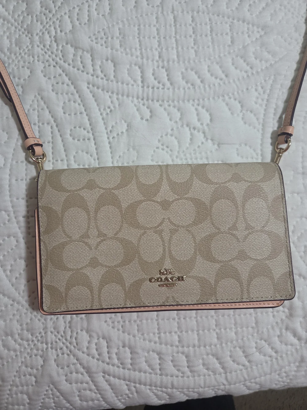 Coach Signature Canvas Crossbody with Tan Logo and Pink Strap